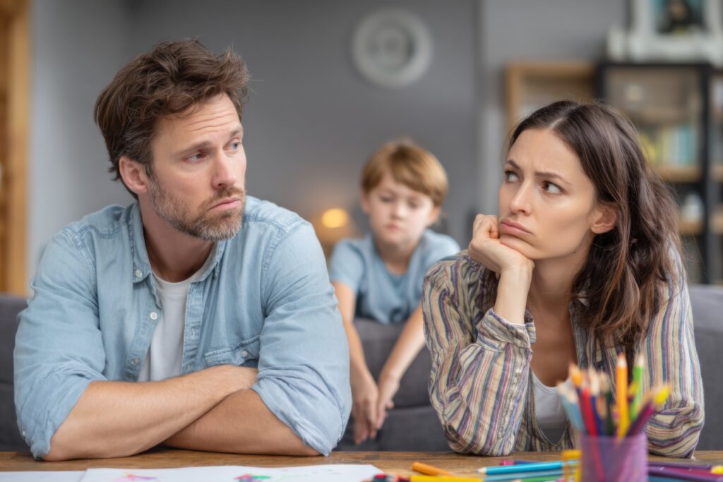 A couple appears to be in a serious discussion while seated on a couch, with a child quietly observing from behind. The atmosphere conveys tension or disagreement in the living room